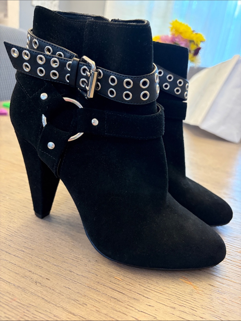GAP Black Suede Ankle Booties with Grommet Strap